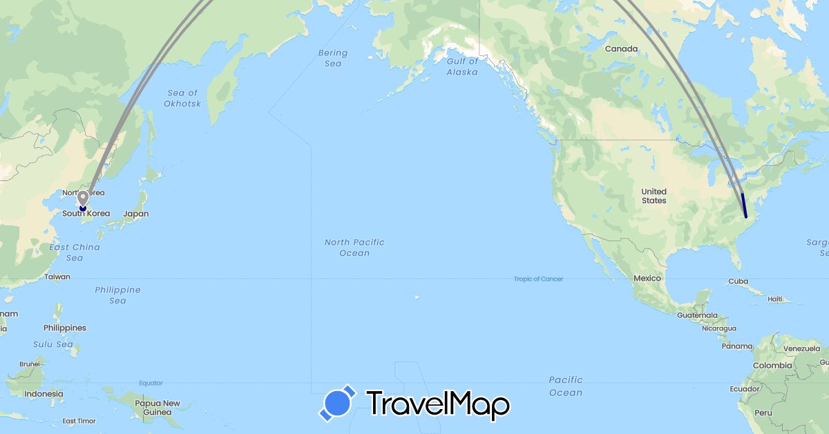 TravelMap itinerary: driving, plane in South Korea, United States (Asia, North America)